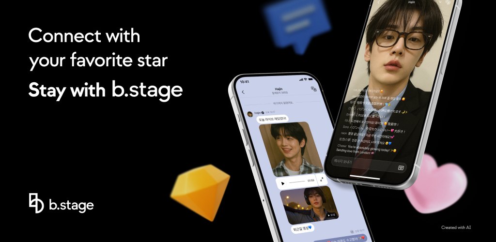 b.stage 的 Google Play 商店横幅：官方标语「Connect with your favorite star, Stay with b.stage」